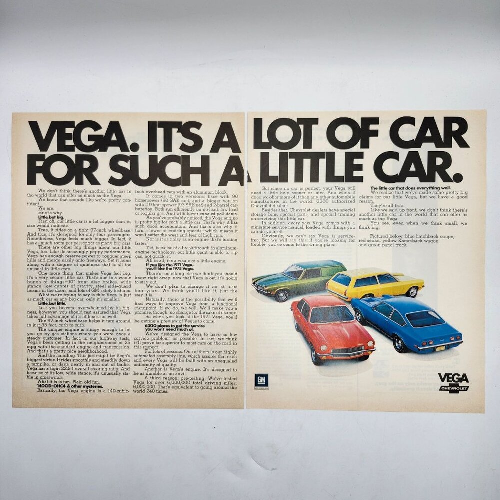 Vintage 1972 Chevrolet Vega GM General Motors LIFE Magazine 2 Page Print Ad b